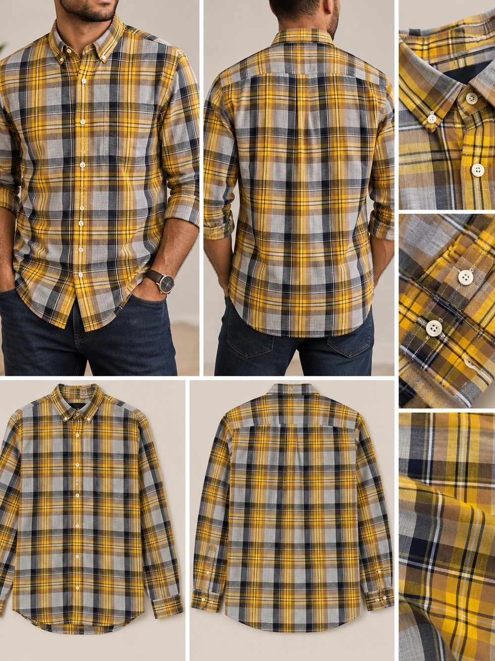 Banana Republic Yellow and Gray Plaid Button-Down Shirt Size L